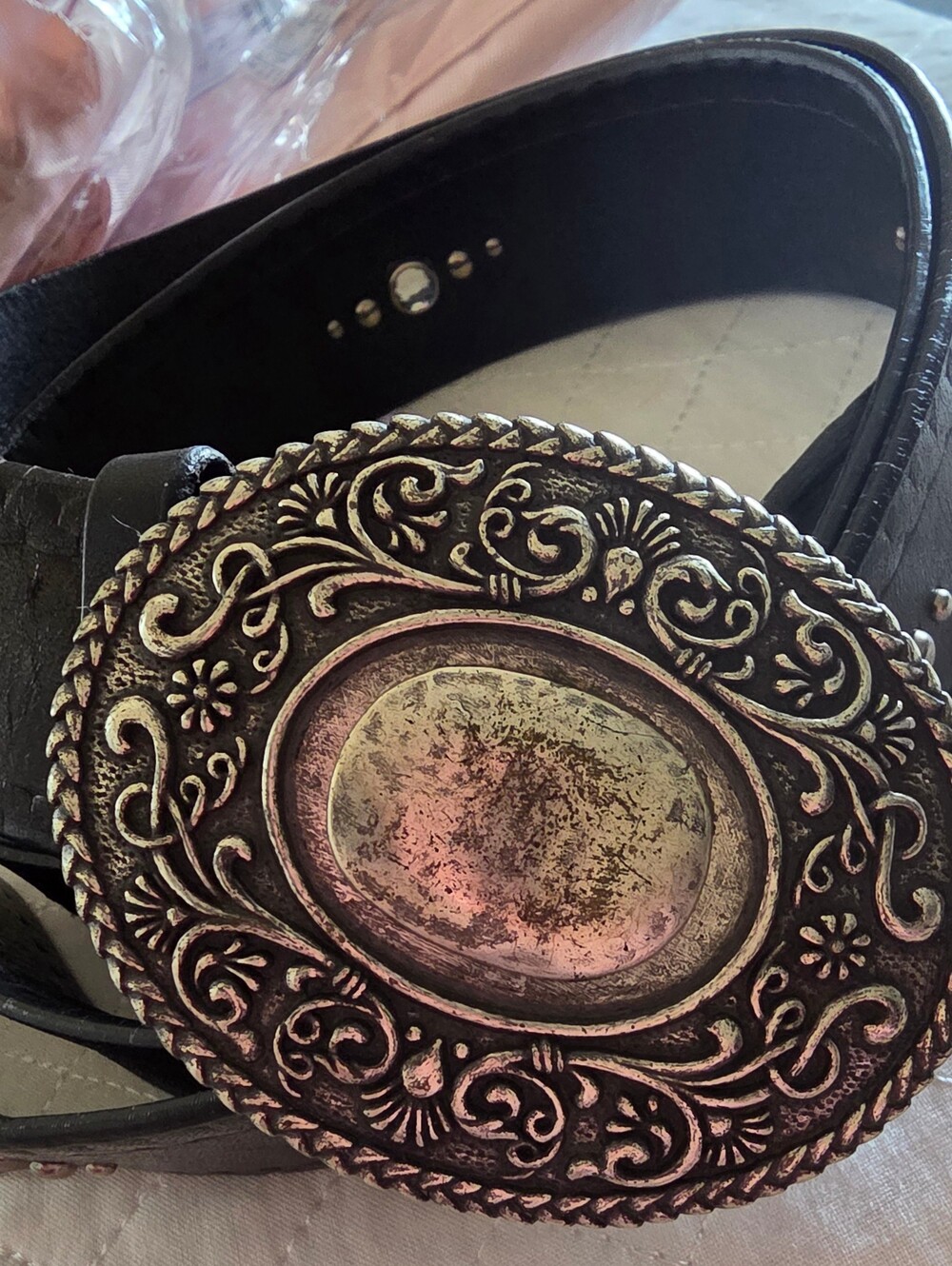Women's Black Leather Belt with Ornate Antique Silver-Tone Buckle VINTAGE